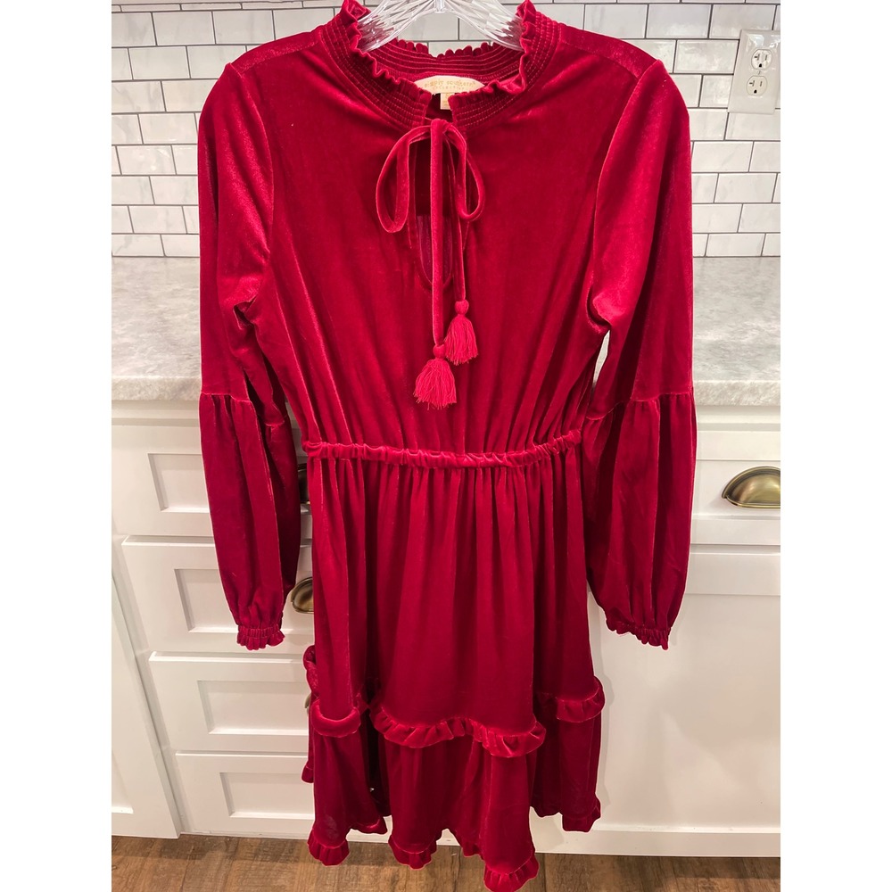 Simply Southern Dress Womens S Red Velvet Tiered Ruffle Mock Neck Long Sleeve
